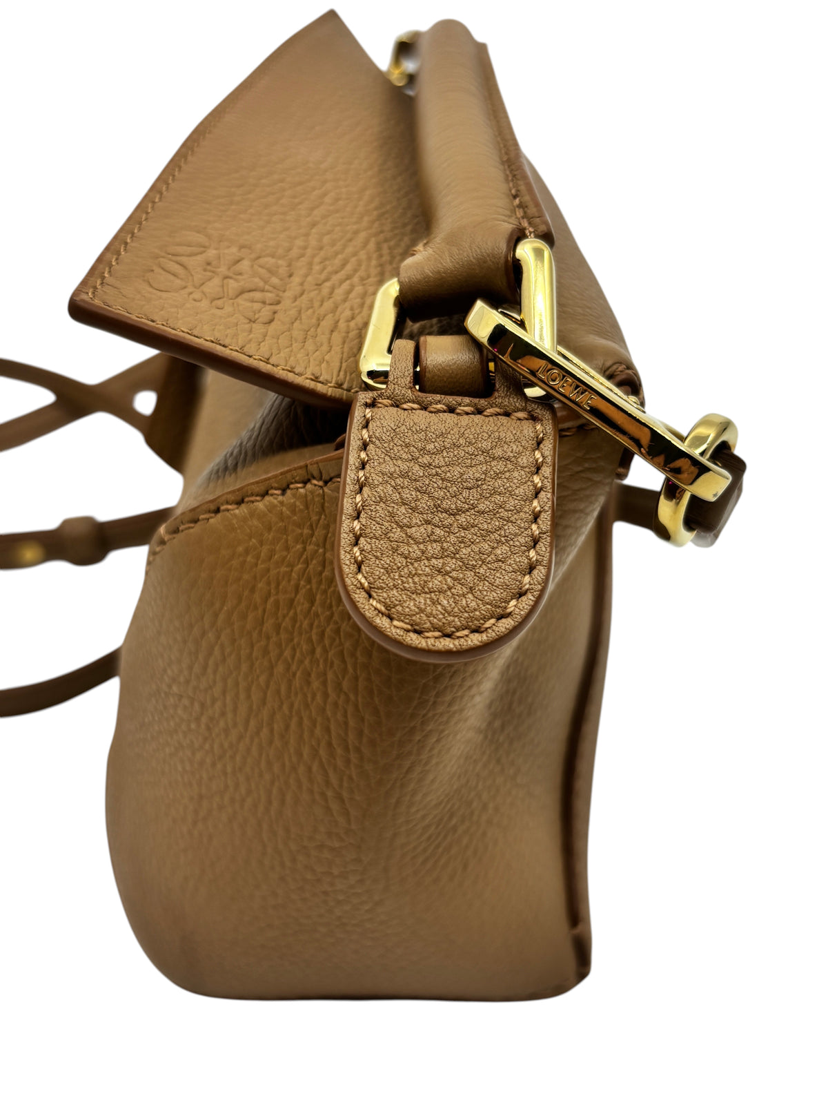 Posh Purse Co preloved Loewe Mini Puzzle bag in tan pebbled leather with gold-tone hardware and geometric panels.