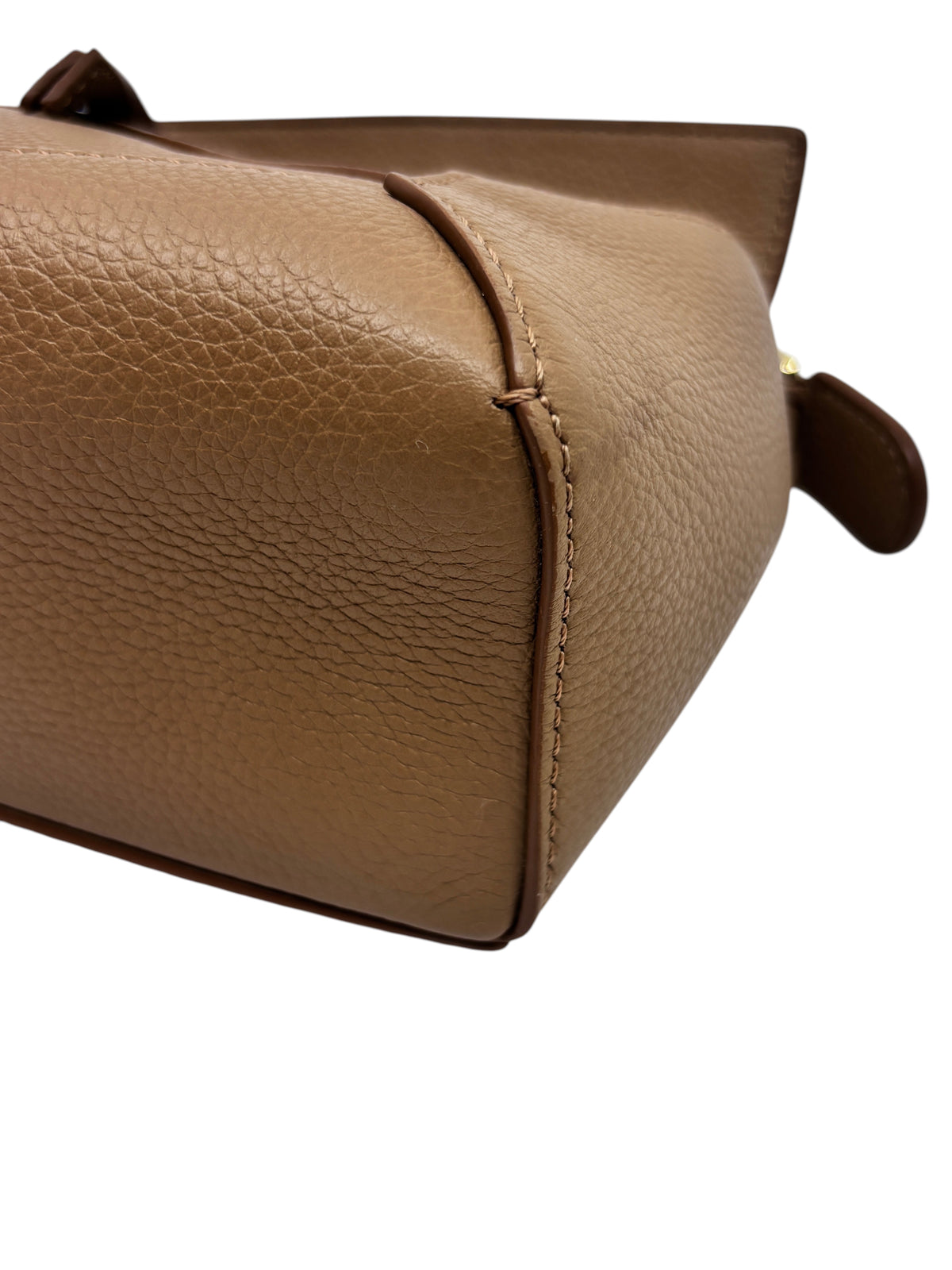 Posh Purse Co Loewe Mini Puzzle bag in tan pebbled leather showing detailed stitching and geometric panel construction