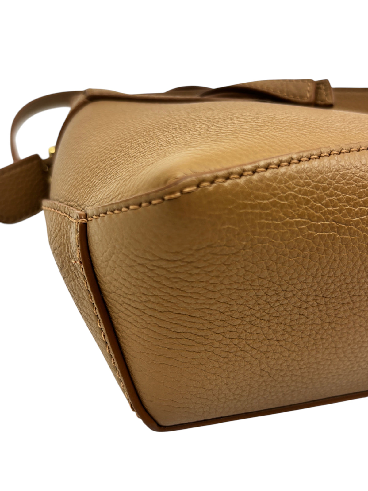 Posh Purse Co tan pebbled leather Loewe Mini Puzzle bag showing detailed geometric panel stitching and corner texture