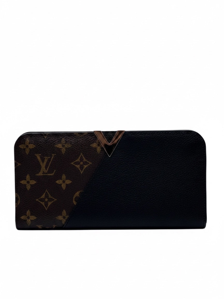 Posh Purse Co. preloved Louis Vuitton wallet featuring a black leather and iconic brown monogram canvas design.
