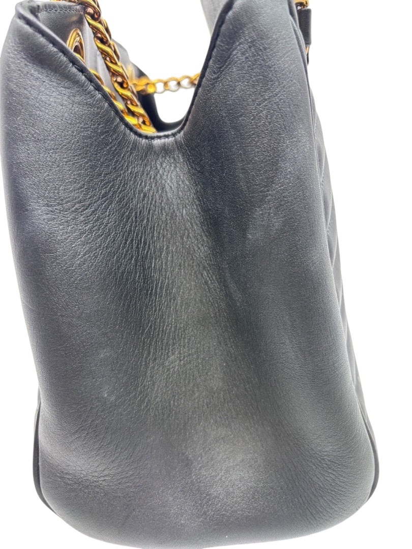 Posh Purse Co black quilted leather Louis Vuitton New Wave chain bag side view showing texture and gold chain strap