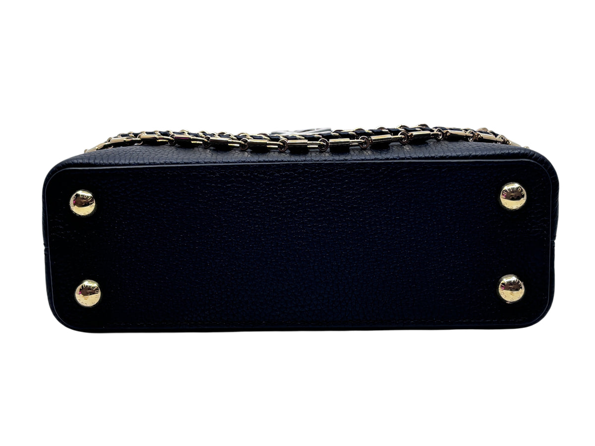 Posh Purse Co black leather Louis Vuitton Capucines BB handbag base with gold protective feet