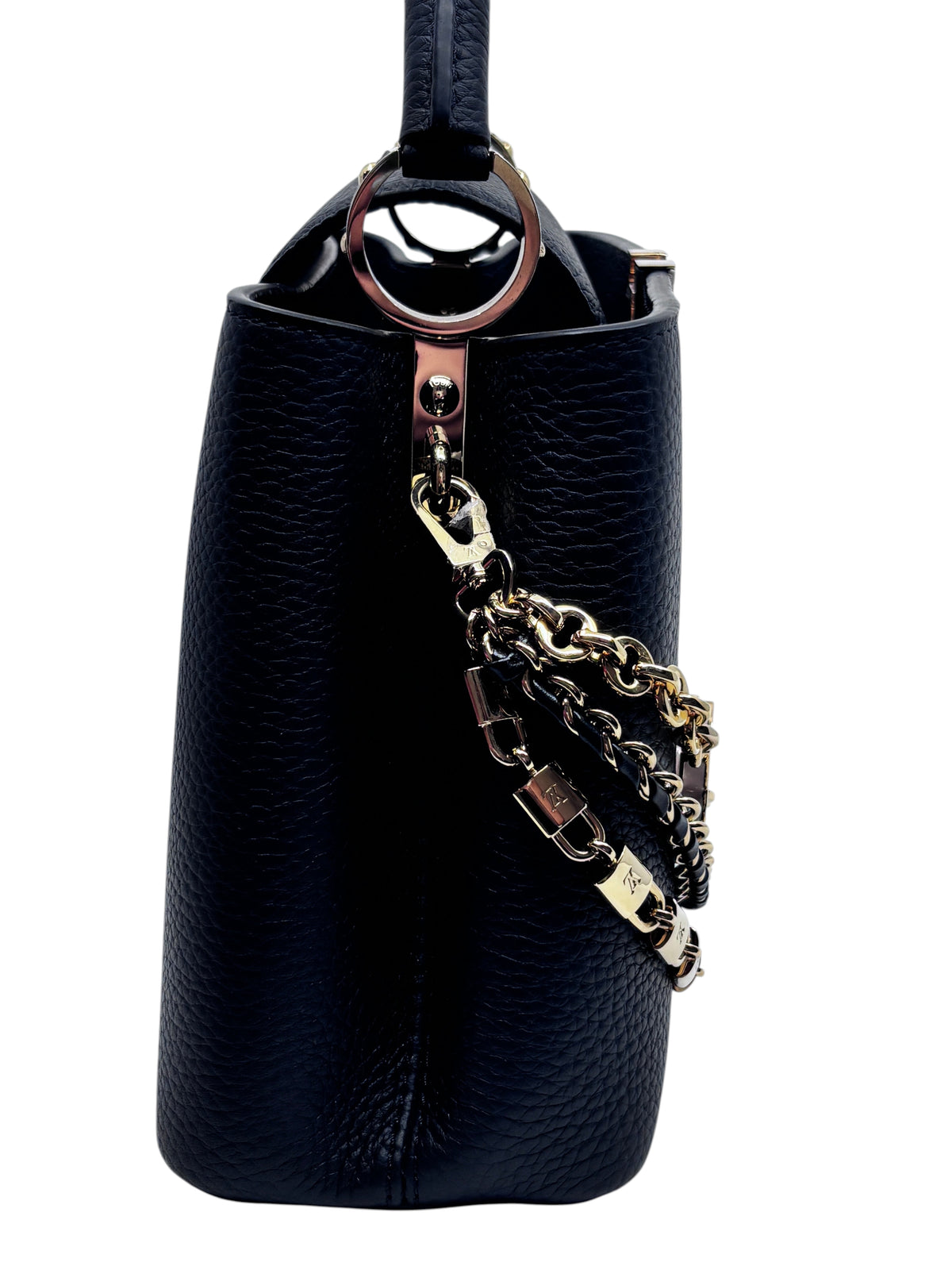 Posh Purse Co black leather Louis Vuitton Capucines BB handbag featuring a decorative gold-tone chain side detail