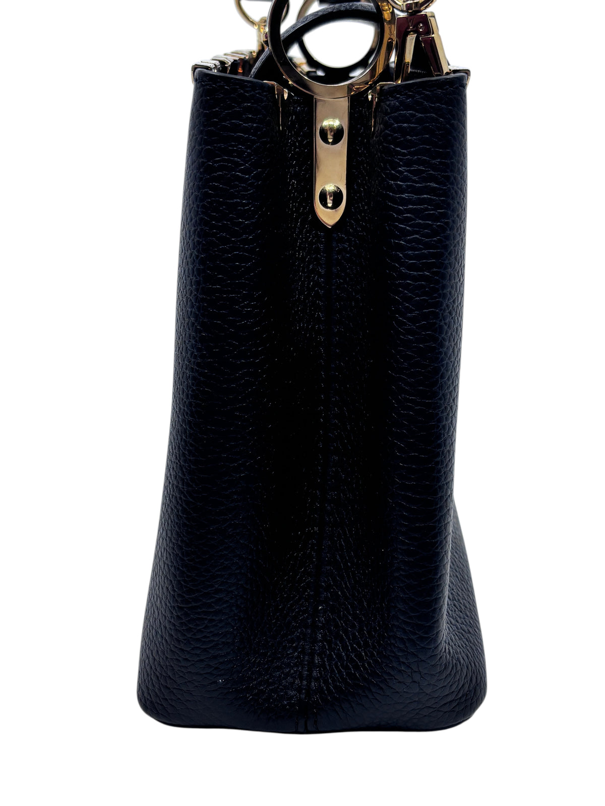 Side view of a black Posh Purse Co Louis Vuitton Flower Crown Capucines MM handbag with gold-tone hardware.