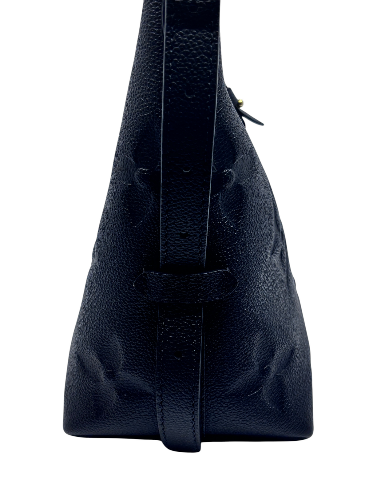 Posh Purse Co black Louis Vuitton CarryAll PM handbag side profile showing textured leather and adjustable strap
