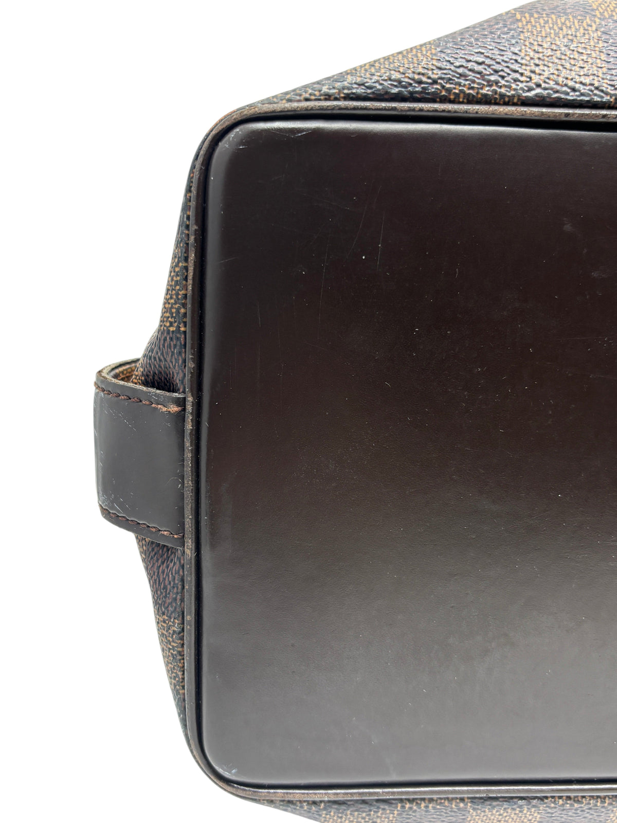 Posh Purse Co. Louis Vuitton Chelsea tote base showing brown leather trim and Damier Ebene coated canvas detail