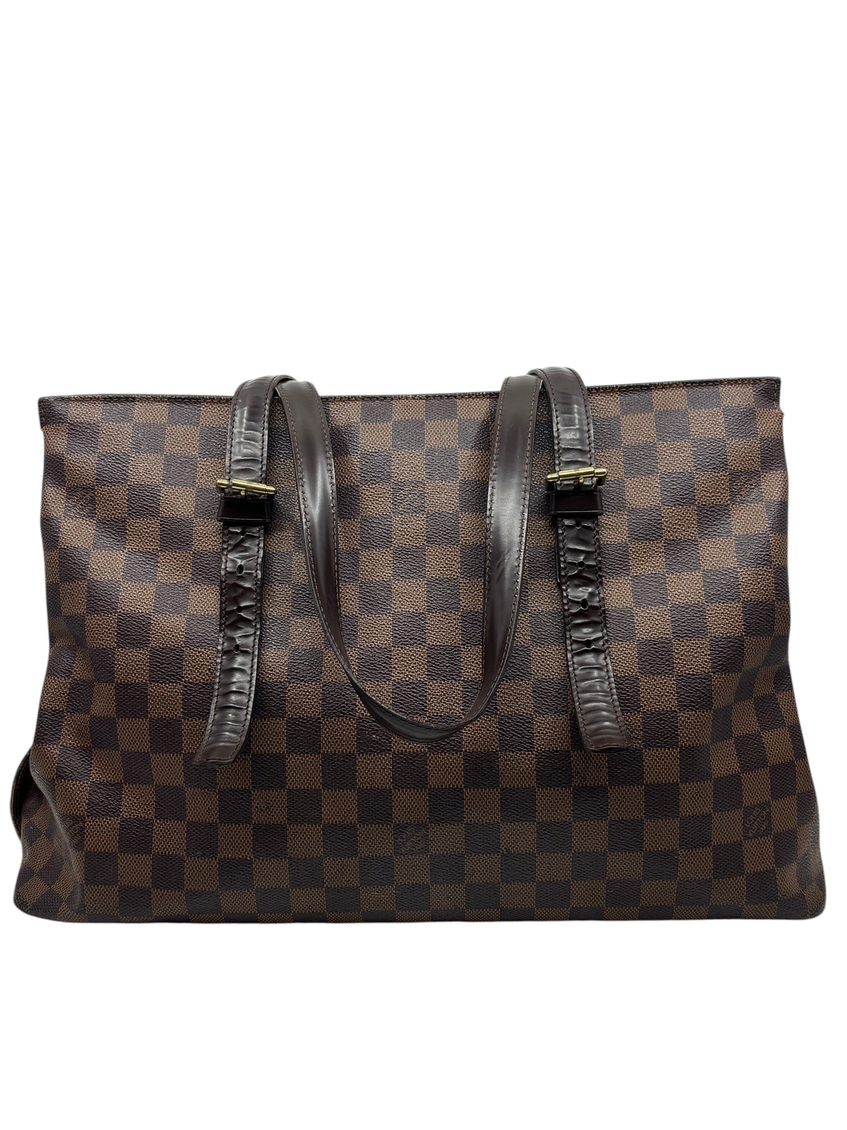 Posh Purse Co. preloved Louis Vuitton Chelsea tote in Damier Ebene coated canvas with brown leather shoulder straps.