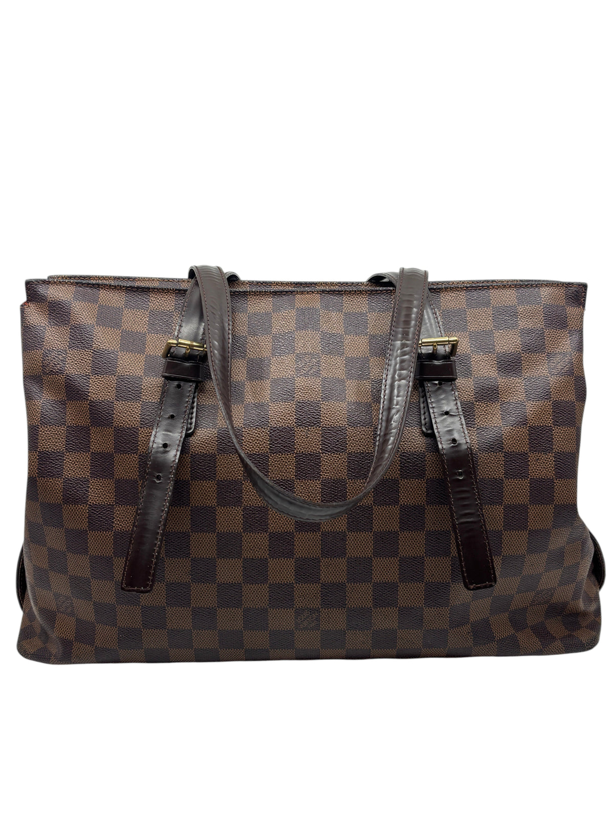 Posh Purse Co. Louis Vuitton Chelsea tote in Damier Ebene coated canvas with brown leather straps and gold hardware.