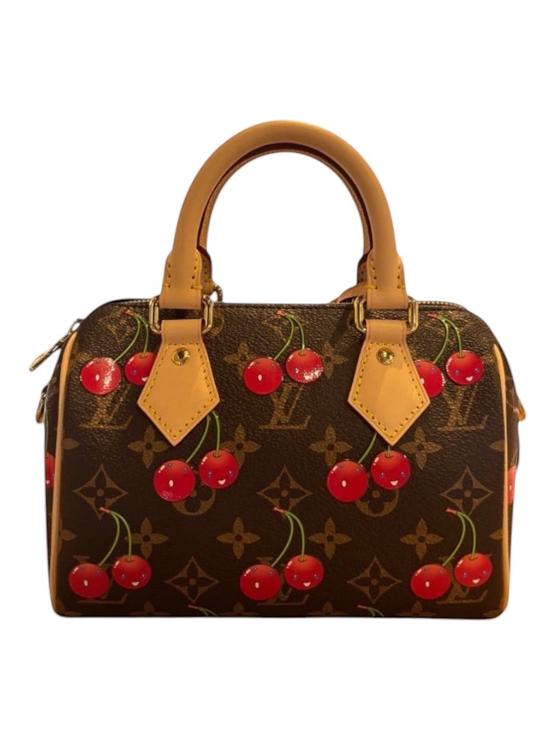 Posh Purse Co. Louis Vuitton x Takashi Murakami Cerises Speedy Bandouliere 20 bag in brown cherry monogram canvas with tan leather trim and handles.
