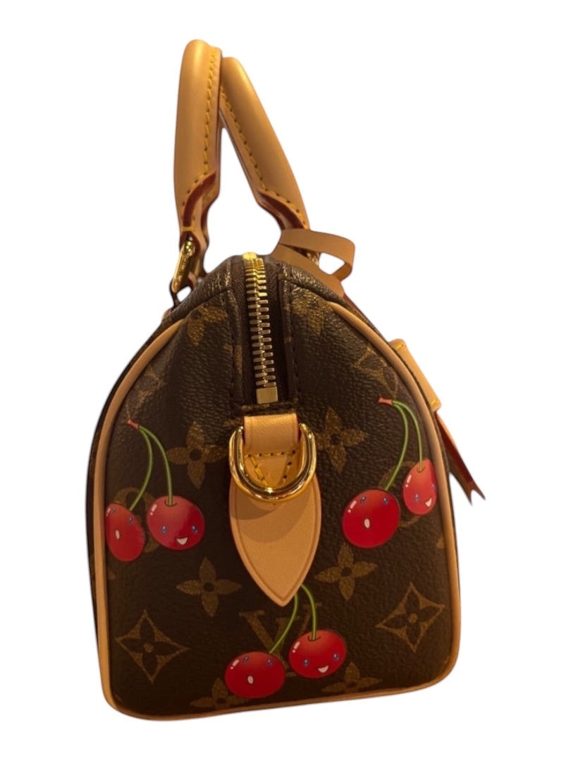 Posh Purse Co. Louis Vuitton x Takashi Murakami Cerises Speedy Bandouliere 20 bag in brown cherry monogram canvas with vachetta leather trim and gold hardware.