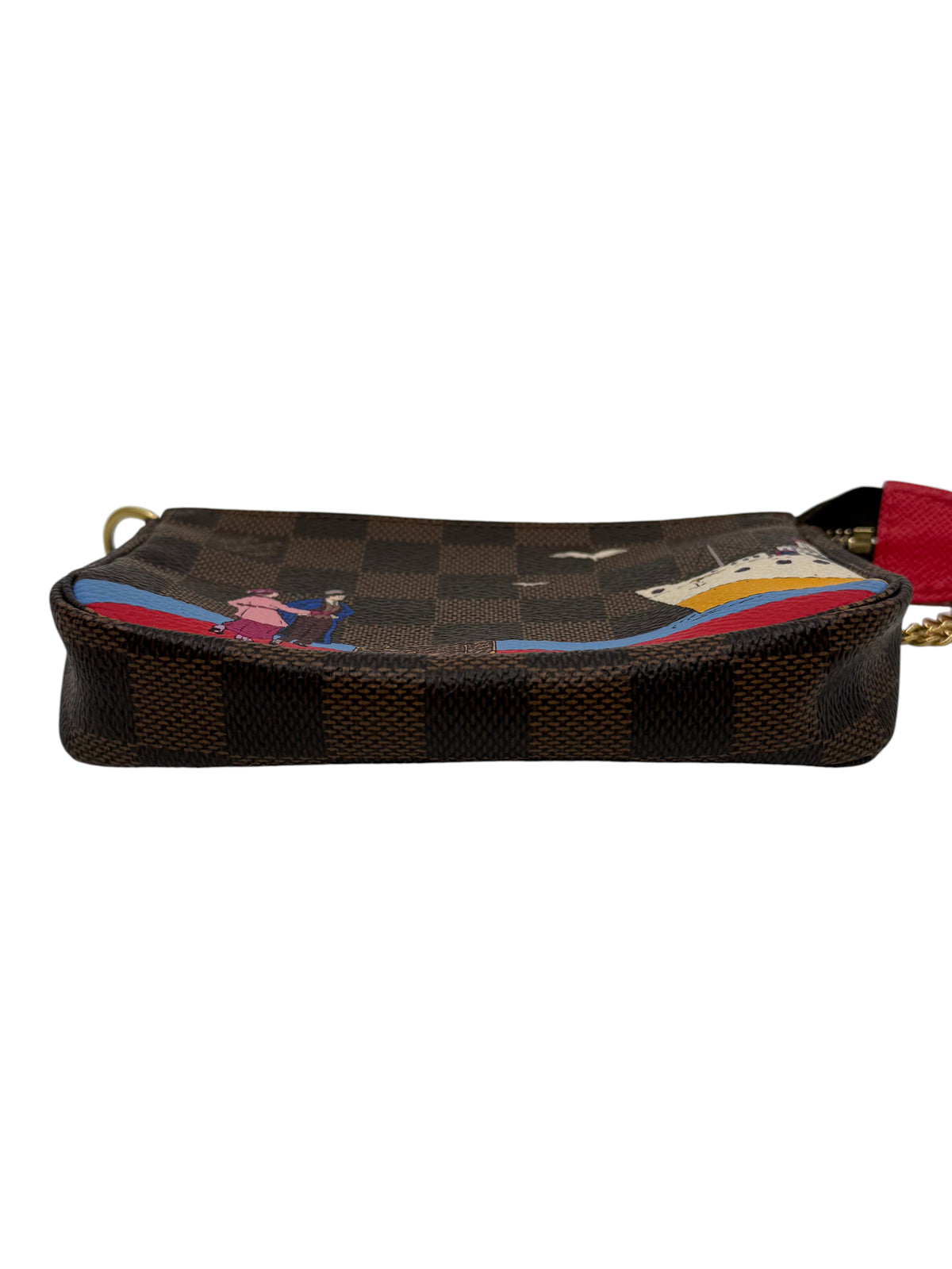 Posh Purse Co Louis Vuitton 2016 Christmas Animation Mini Pochette in brown Damier Ebene canvas with holiday print.
