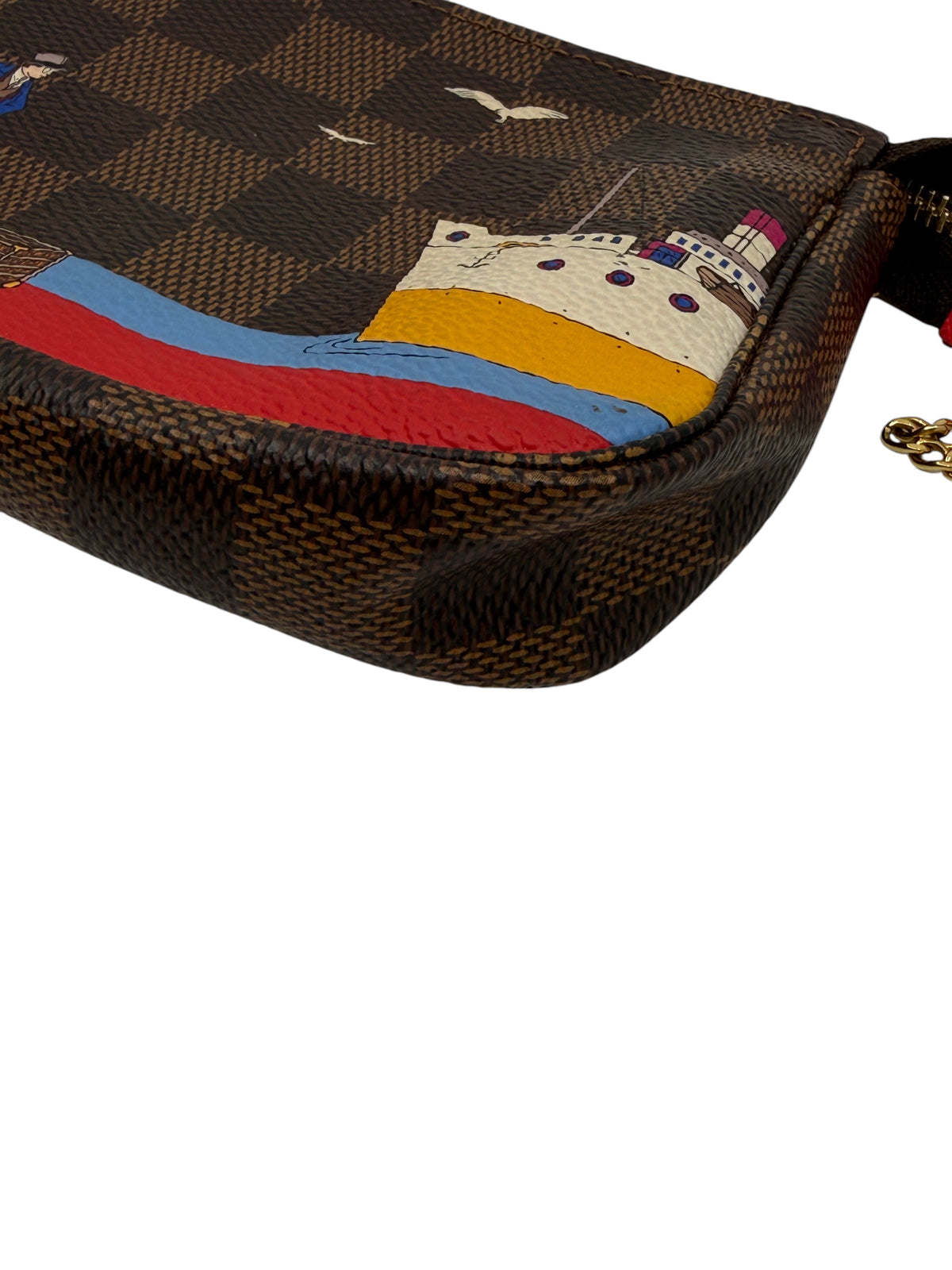 Posh Purse Co Louis Vuitton 2016 Christmas Animation Mini Pochette in brown Damier Ebene canvas with holiday ship print