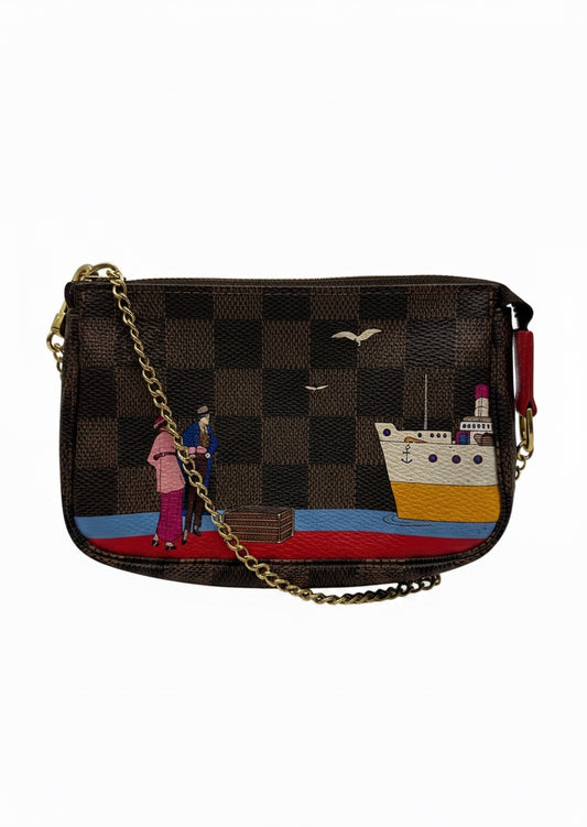 Posh Purse Co Louis Vuitton 2016 Christmas Animation Mini Pochette in Damier Ebene canvas with gold chain strap