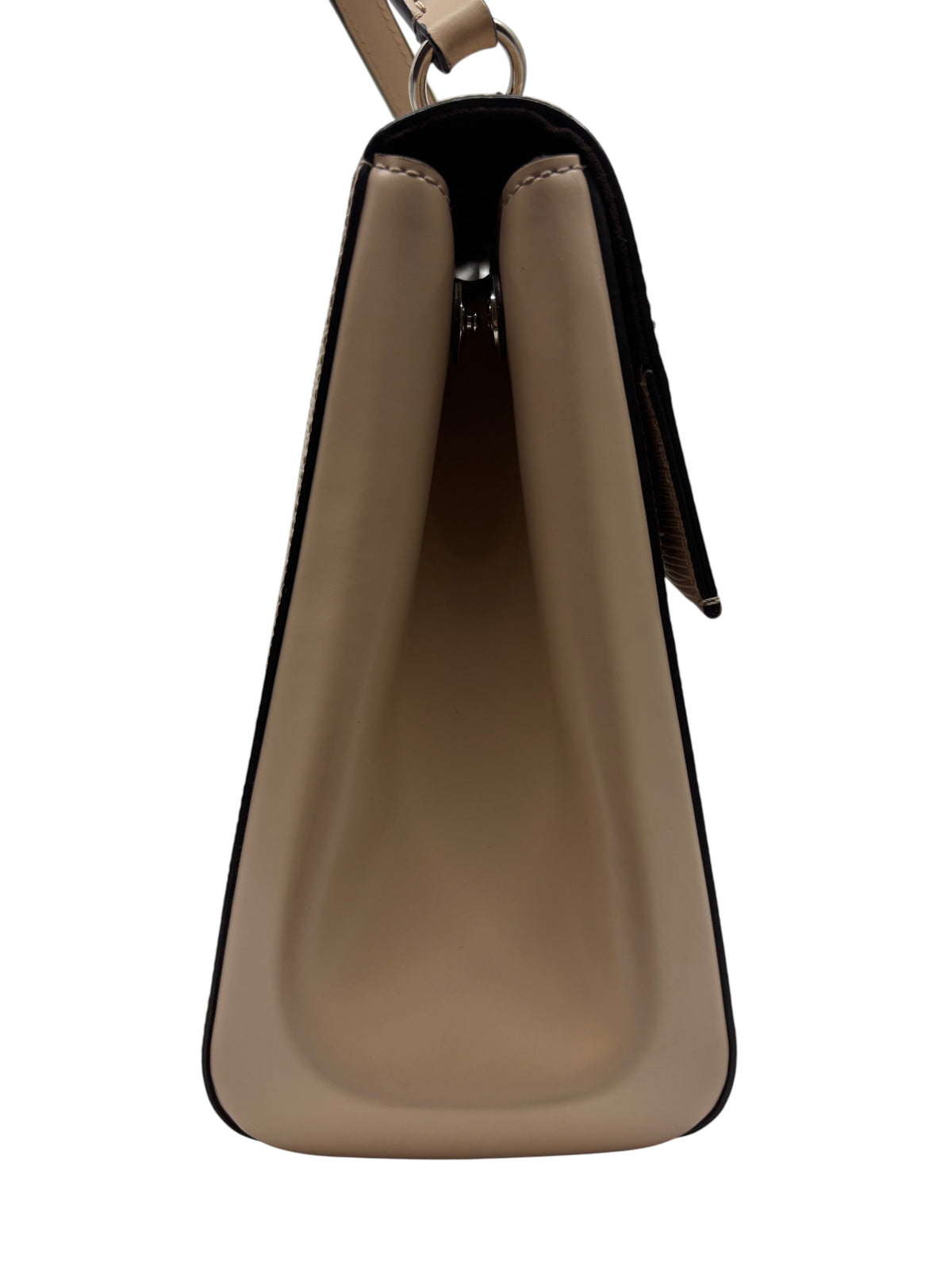 Side profile of a beige Louis Vuitton Cluny MM handbag in textured Epi leather from Posh Purse Co.