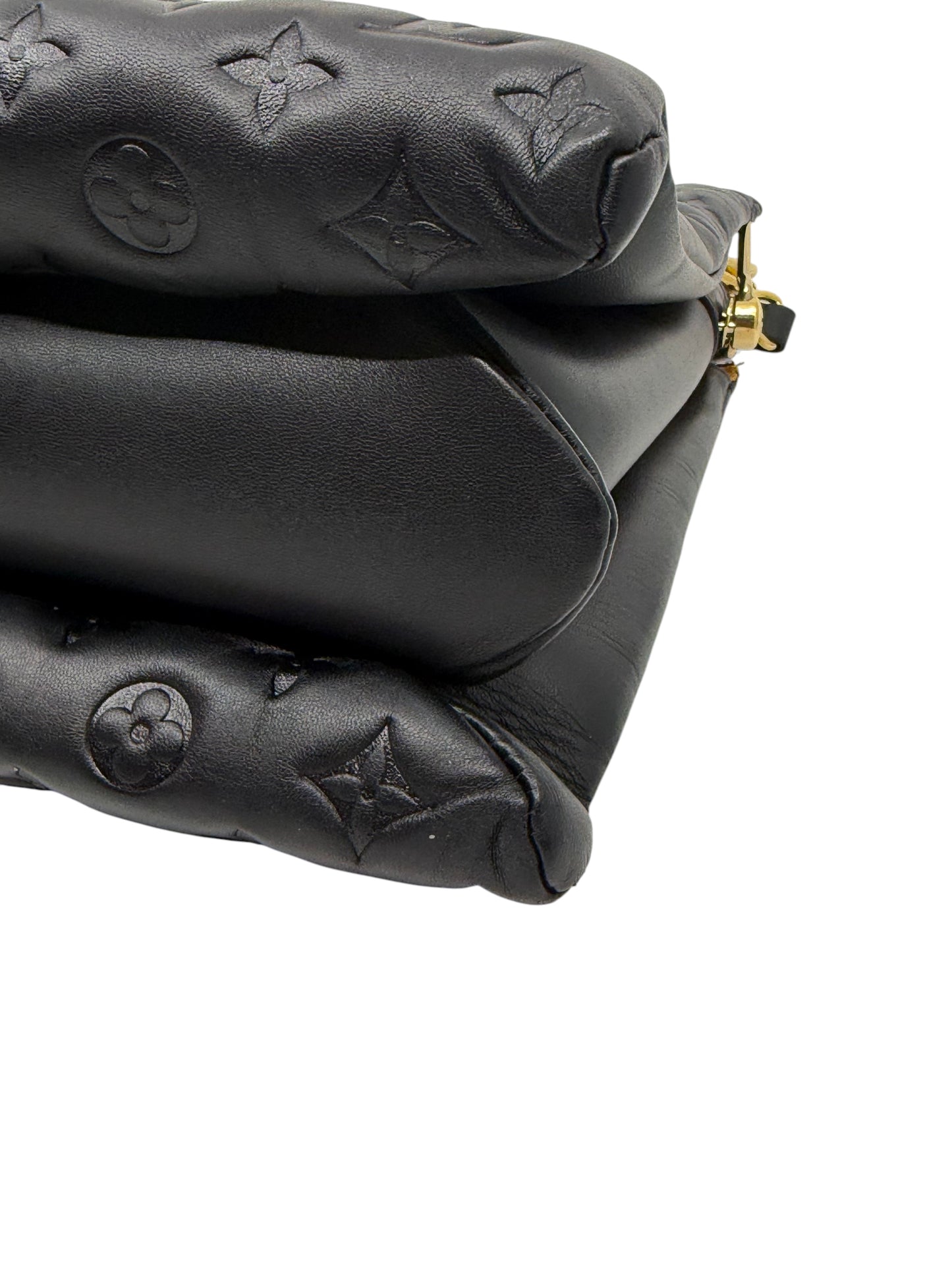 Posh Purse Co black Louis Vuitton Coussin MM bag in puffy embossed lambskin leather with gold hardware detail