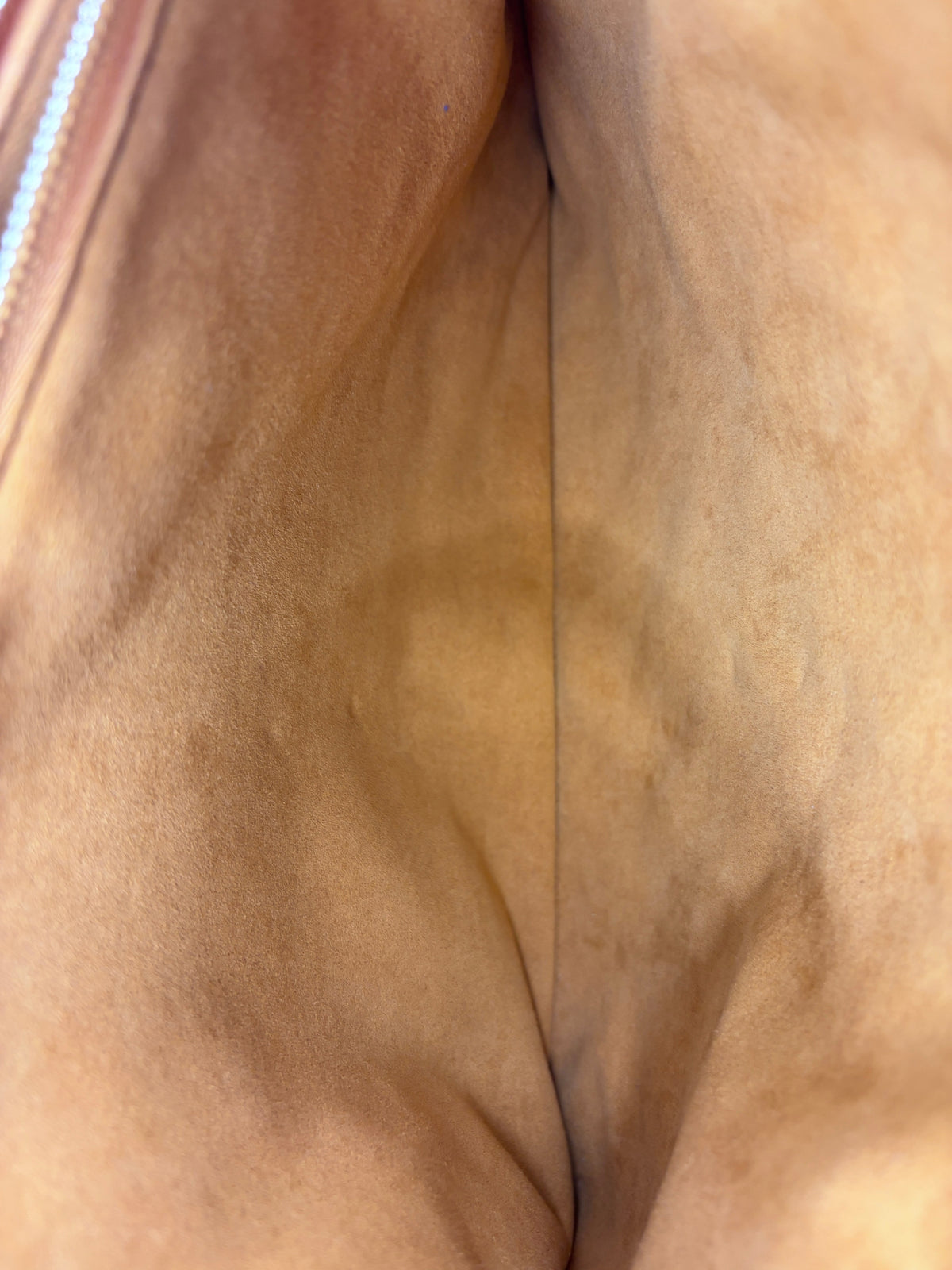 Posh Purse Co authentic Louis Vuitton Coussin bag interior featuring clean tan suede lining in excellent condition.