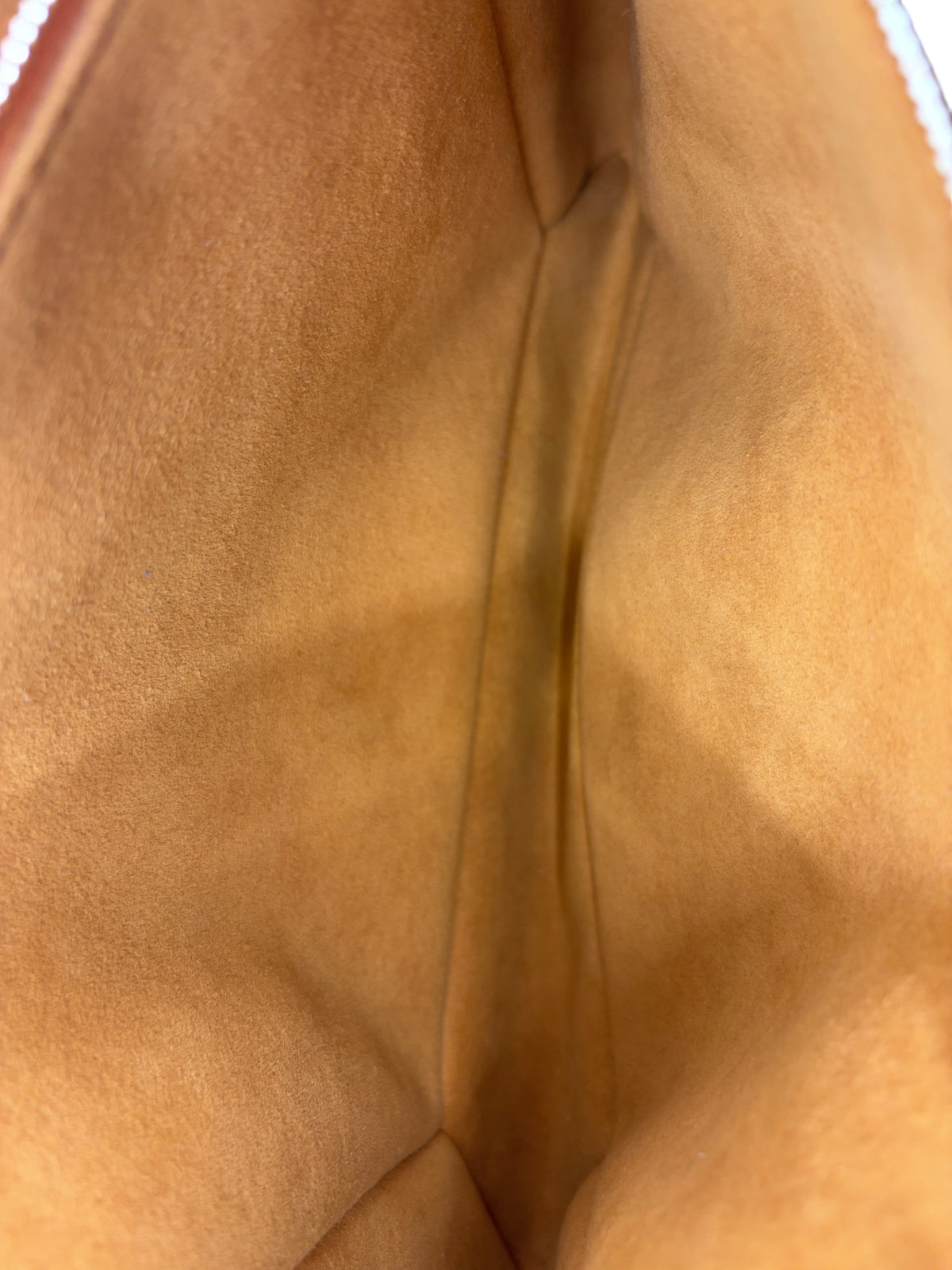 Clean interior of a Posh Purse Co preloved Louis Vuitton Coussin bag featuring soft tan suede lining