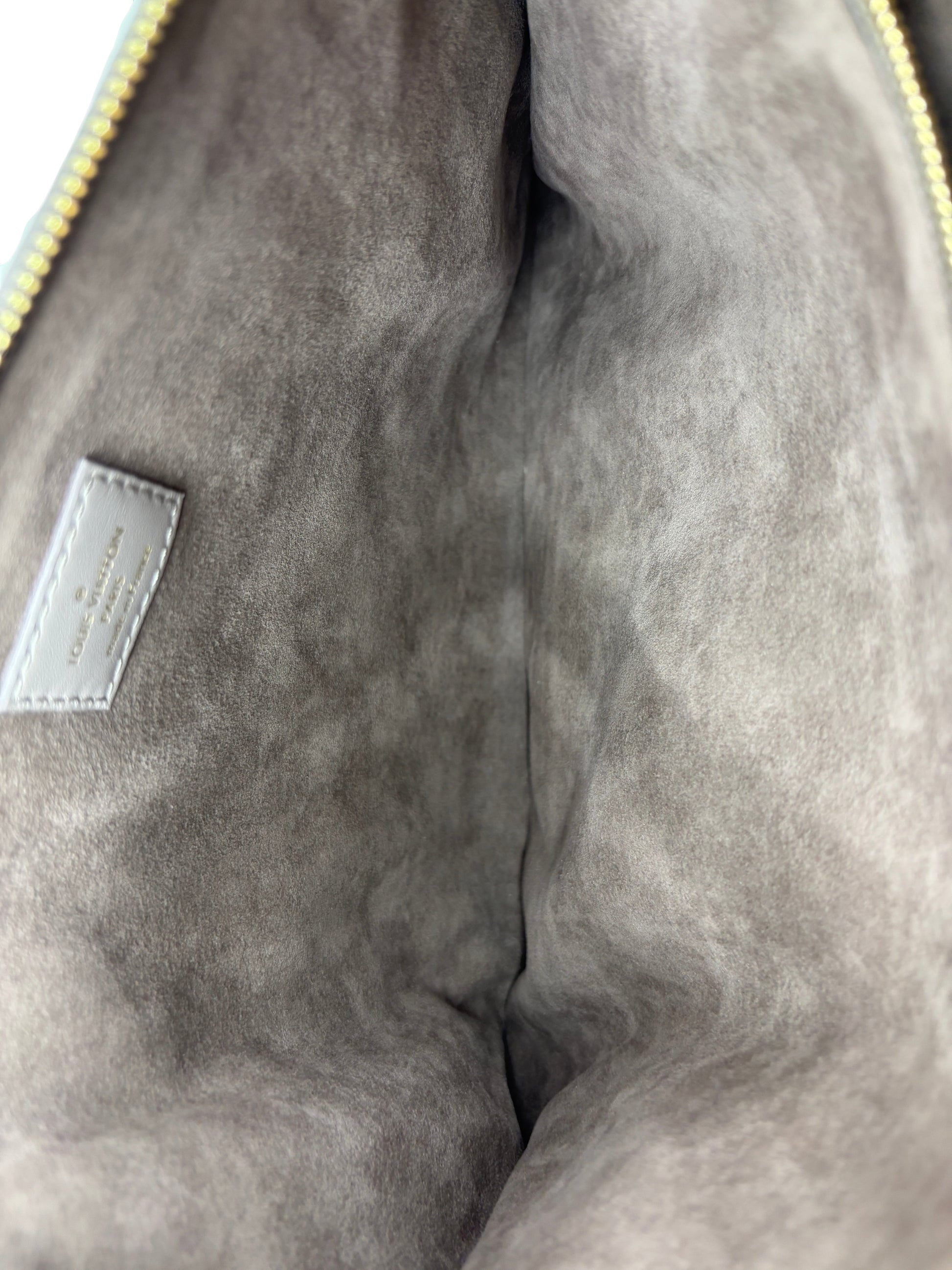 Posh Purse Co grey Louis Vuitton Coussin large handbag interior with soft suede lining and embossed leather tag