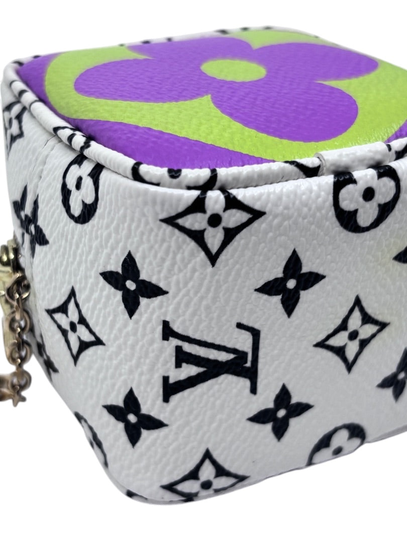 Posh Purse Co Louis Vuitton 2019 Monogram Giant cube coin purse in white canvas with purple and green floral accents