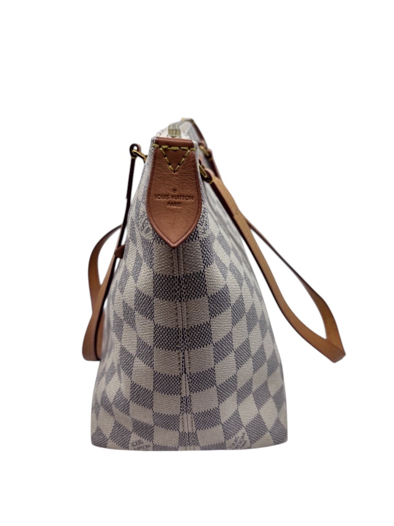 Posh Purse Co Louis Vuitton Damier Azur Lena tote bag side profile with vachetta leather trim and gold hardware