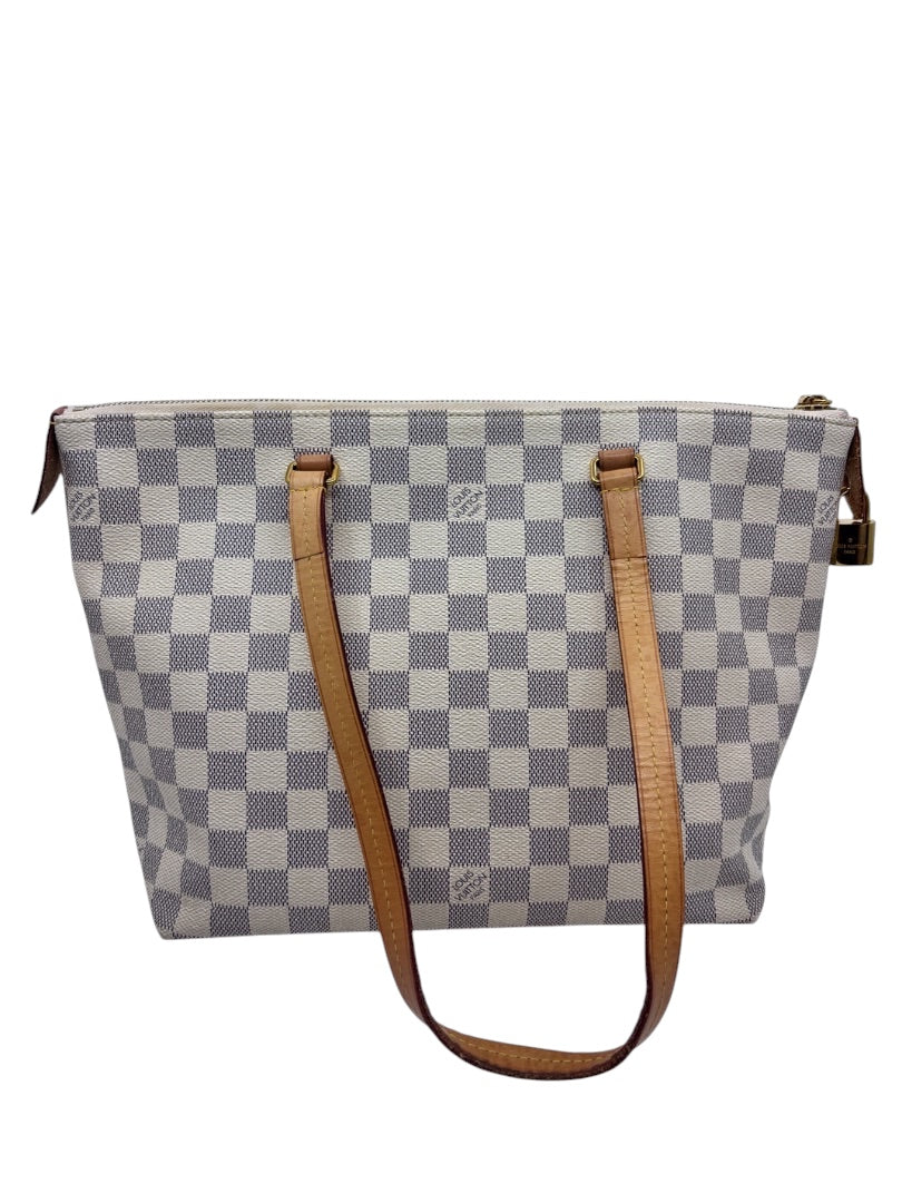 Posh Purse Co Louis Vuitton Lena tote in blue and white Damier Azur coated canvas with Vachetta leather straps
