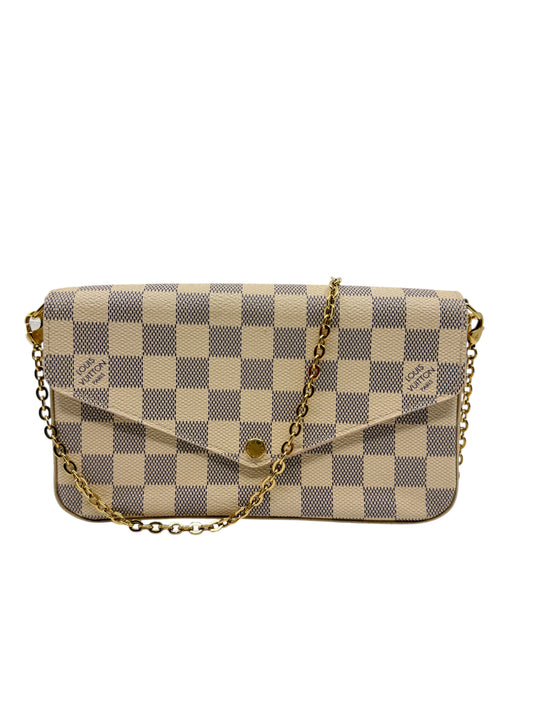 Posh Purse Co. Louis Vuitton Damier Azur Pochette Felicie with gold chain strap and envelope flap closure.