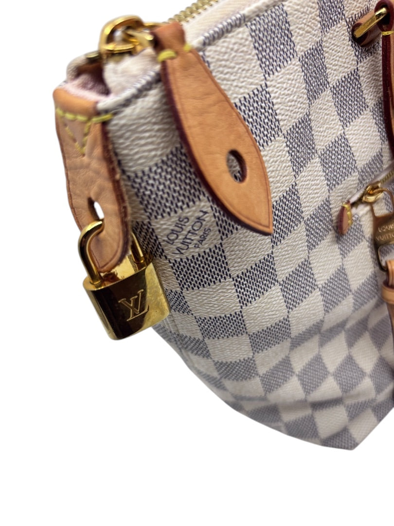 Posh Purse Co Louis Vuitton Damier Azur Lena tote featuring blue and white checkerboard canvas and gold padlock