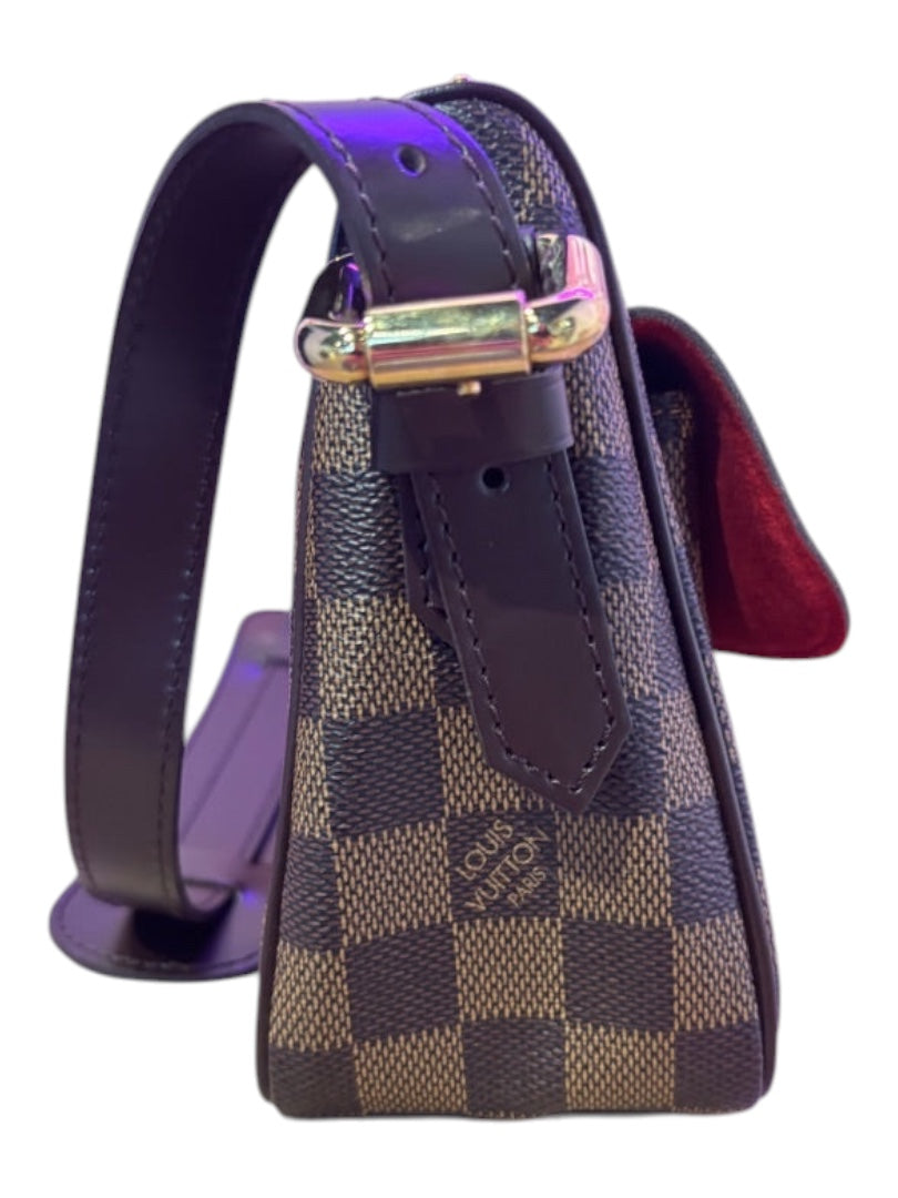 Posh Purse Co. Louis Vuitton Damier Ebene canvas handbag with chocolate brown leather trim and gold hardware.