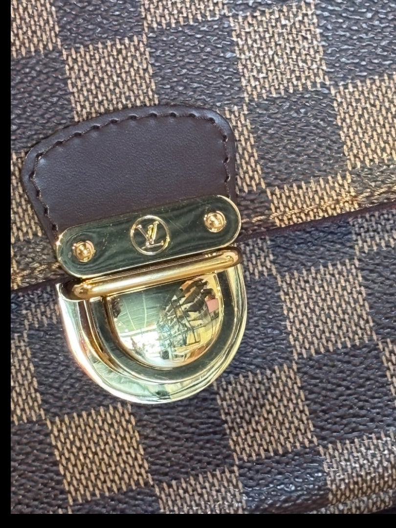 Posh Purse Co. Louis Vuitton Damier Ebene canvas handbag with chocolate brown leather trim and gold-tone hardware closure.