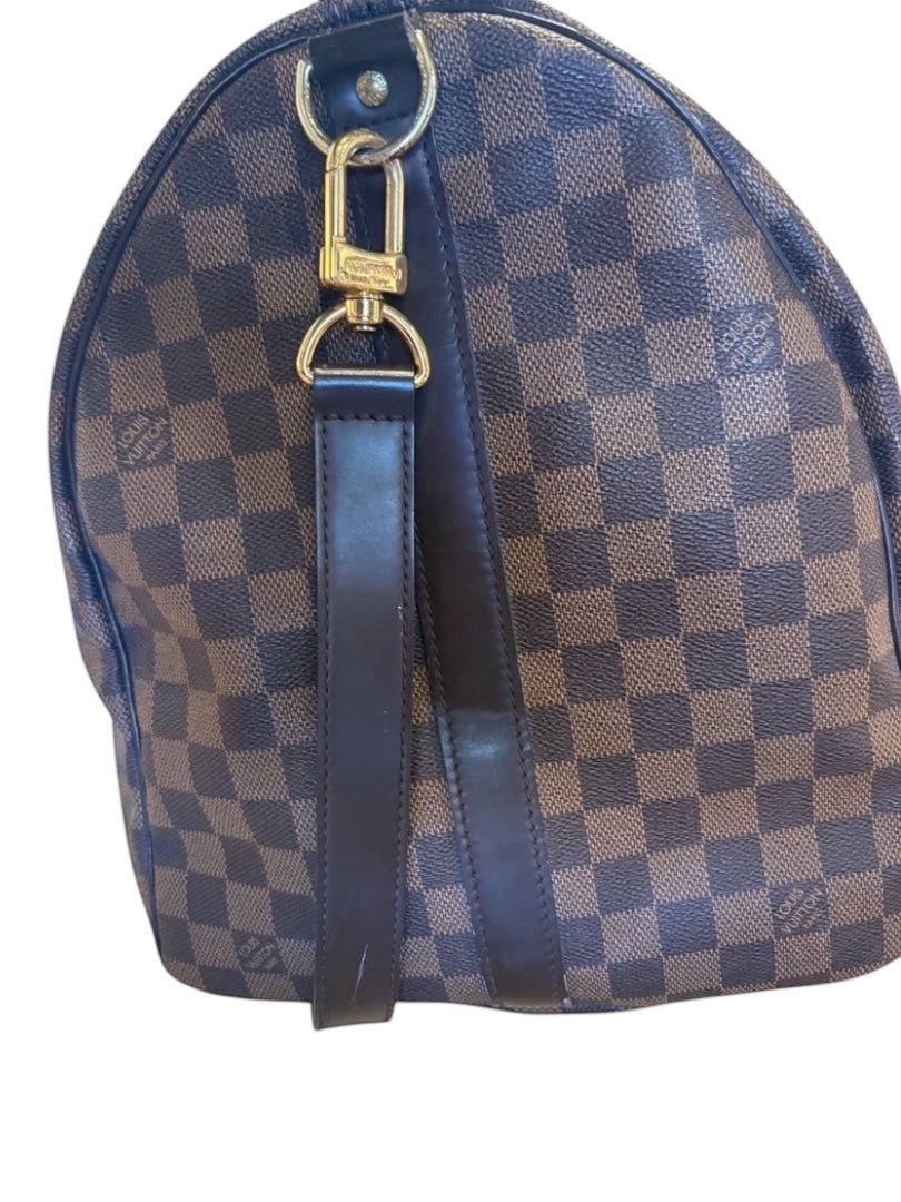 Posh Purse Co Louis Vuitton Damier Ebene Keepall 50 travel bag with dark brown leather trim and gold-tone hardware.
