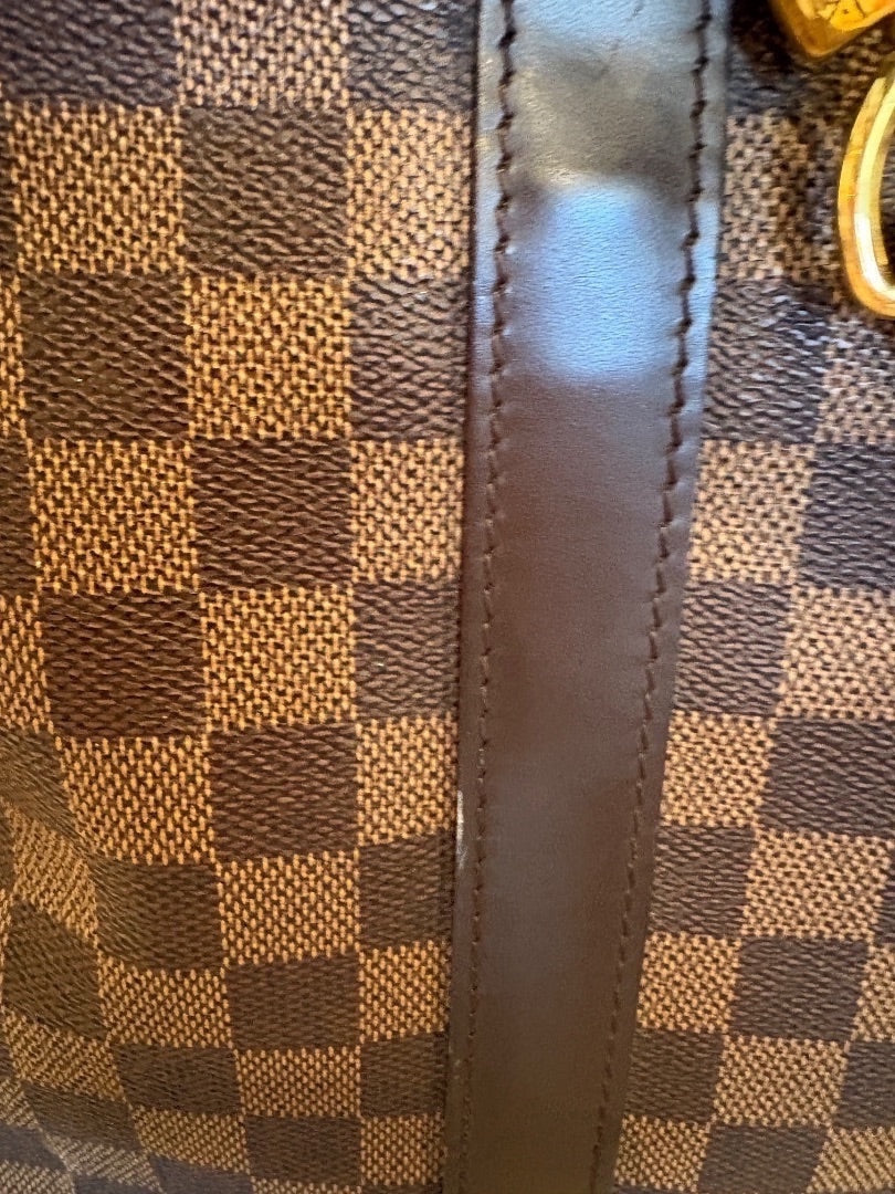 Posh Purse Co Louis Vuitton Damier Ebene Keepall 50 travel bag with brown leather trim and gold-tone hardware.