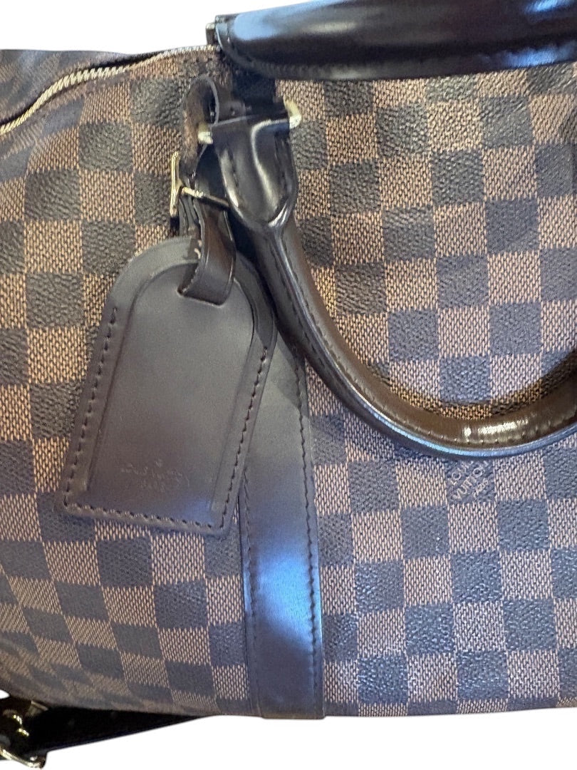 Posh Purse Co Louis Vuitton Damier Ebene Keepall 50 travel bag with dark brown leather trim and gold-tone hardware.