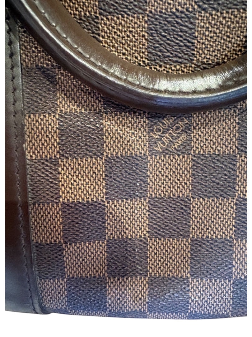 Posh Purse Co Louis Vuitton Damier Ebene Keepall 50 travel bag with brown leather trim and gold-tone hardware.