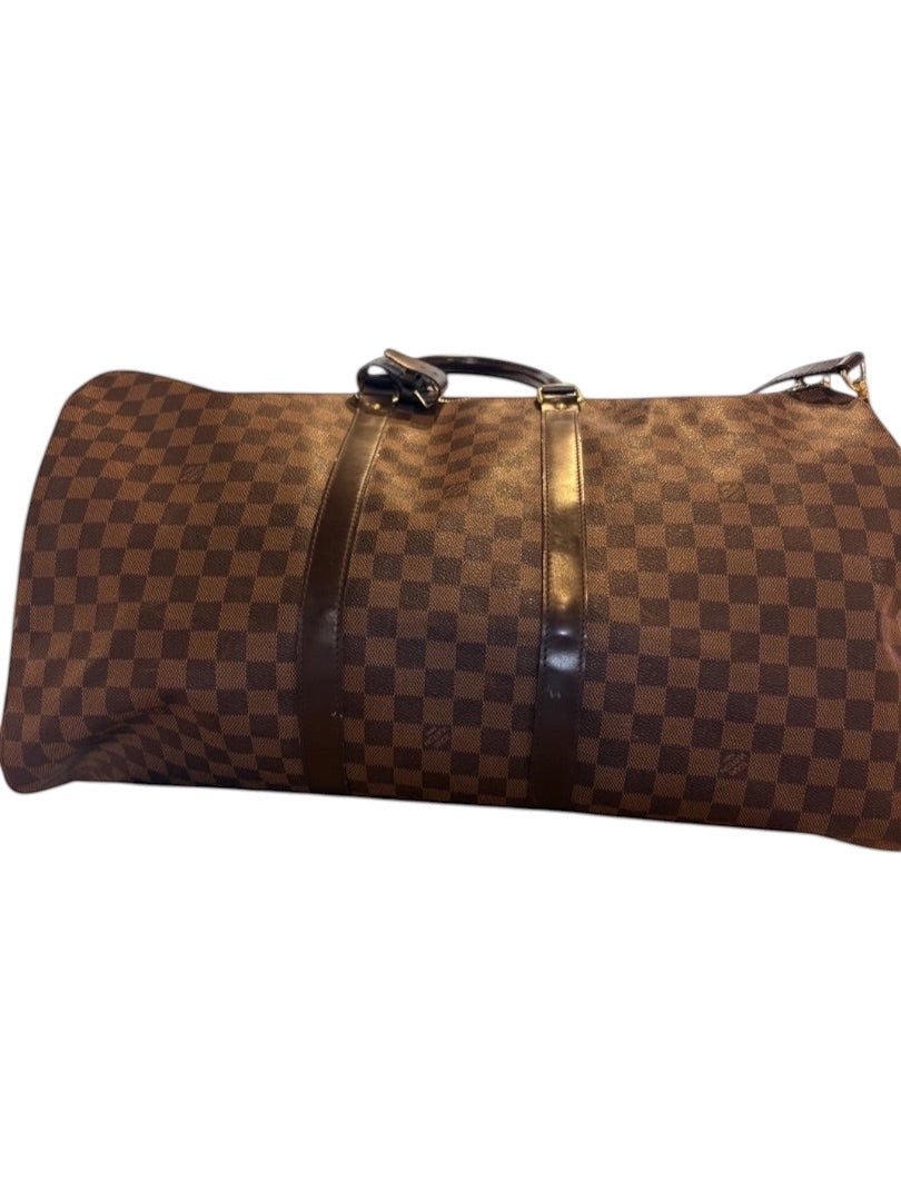 Posh Purse Co Louis Vuitton Damier Ebene Keepall 50 travel bag with brown checkered canvas and dark brown leather trim.