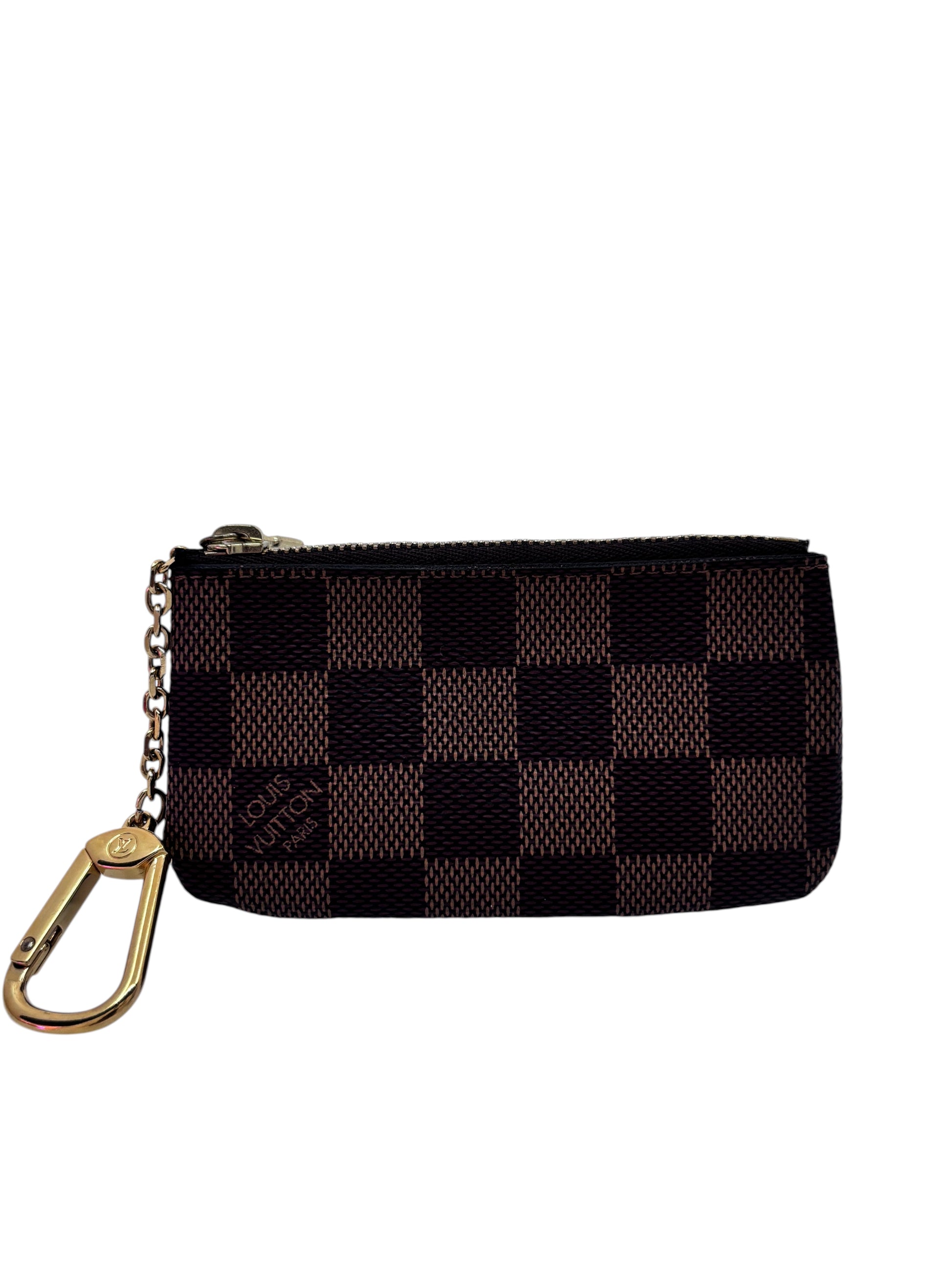 Posh Purse Co Louis Vuitton Damier Ebene key pouch in brown checkerboard canvas with gold-tone hardware and chain