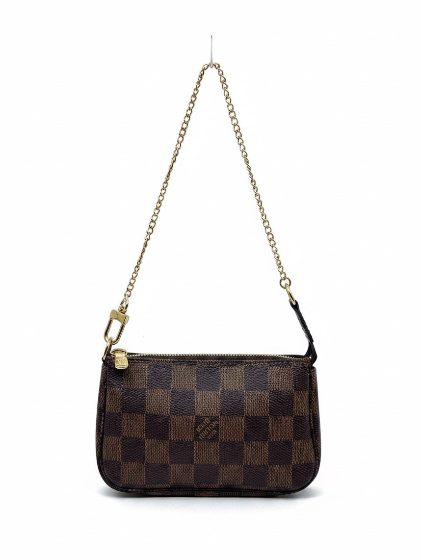 Posh Purse Co Louis Vuitton Damier Ebene Mini Pochette in brown checkered canvas with gold chain strap
