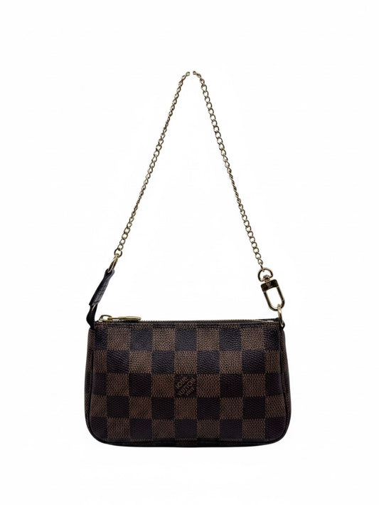 Posh Purse Co Louis Vuitton Damier Ebene Mini Pochette in brown checkered canvas with gold-tone chain strap