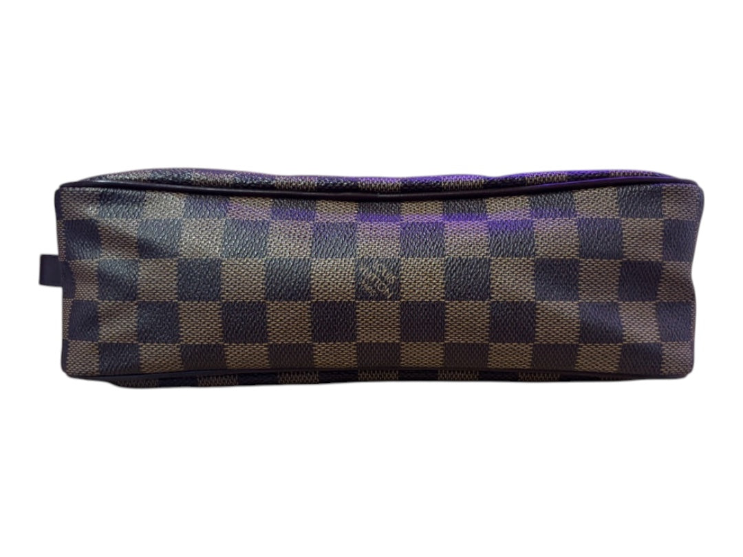 Posh Purse Co. Louis Vuitton Damier Ebene canvas toiletry pouch with chocolate brown leather trim and gold-tone hardware.