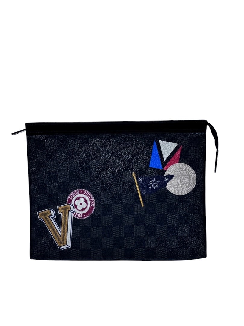 Posh Purse Co Louis Vuitton Damier Graphite Pochette Voyage with colorful LV League patches and zip-top closure.