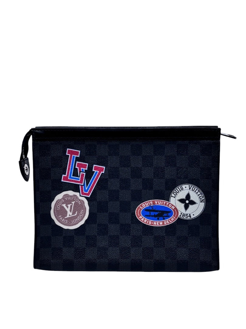 Posh Purse Co Louis Vuitton Damier Graphite Pochette Voyage with LV League patches and zip closure