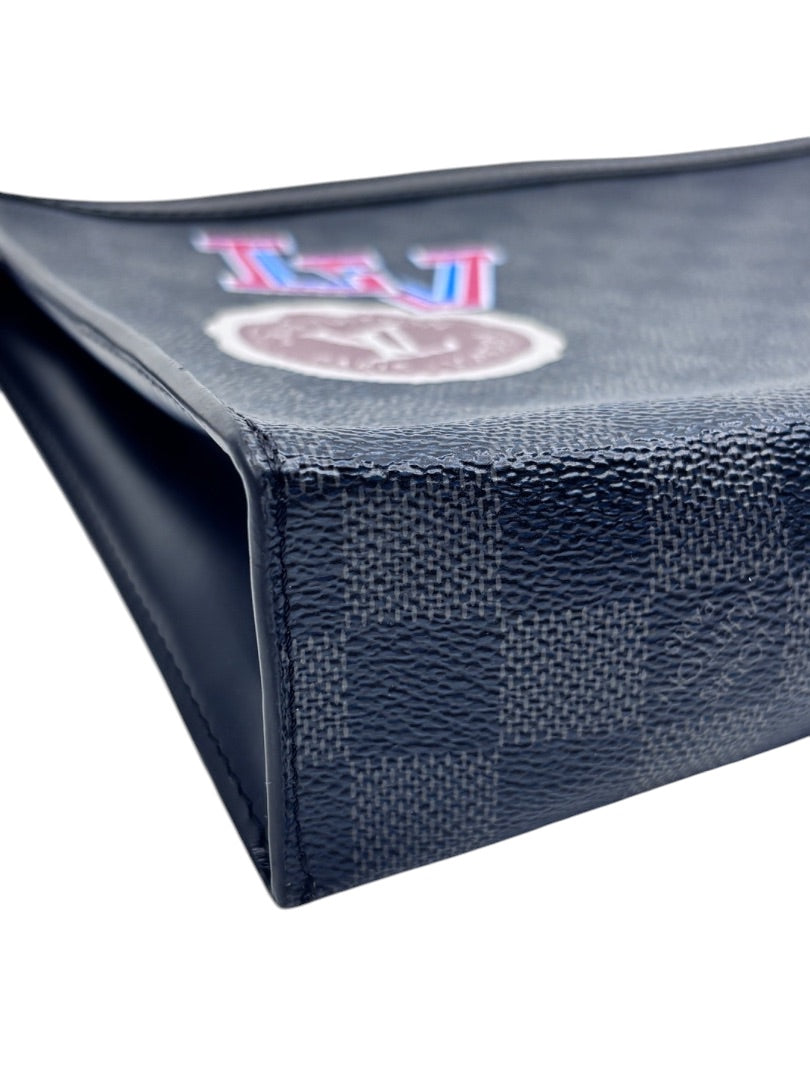 Posh Purse Co Louis Vuitton Damier Graphite Pochette Voyage with LV League patch detail on canvas
