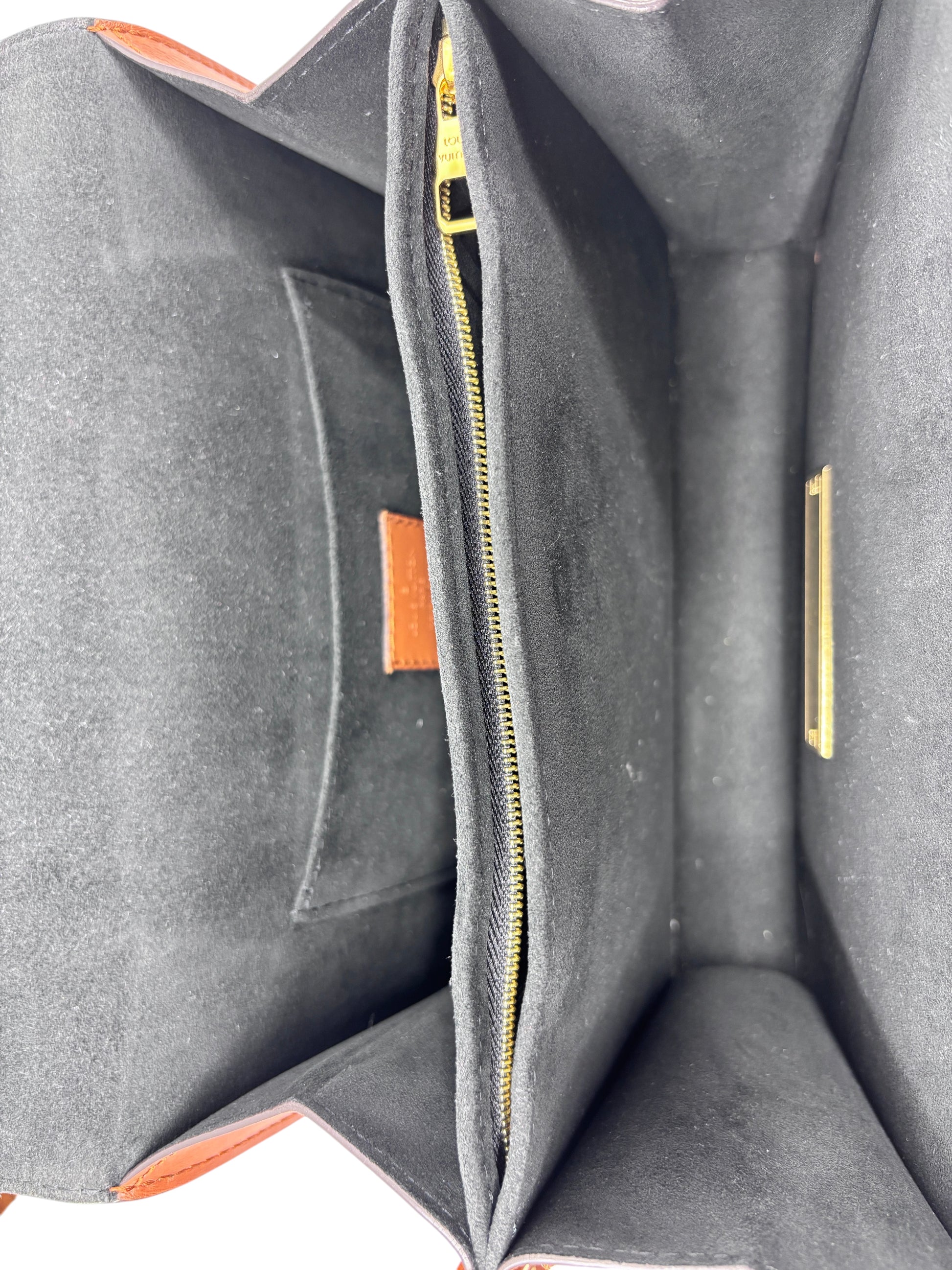 Posh Purse Co. interior view of Louis Vuitton Dauphine MM handbag with black microfiber lining and gold zipper.