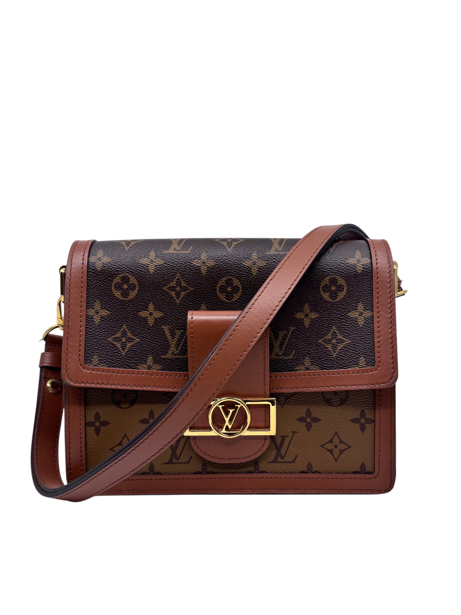 Posh Purse Co Louis Vuitton Dauphine MM handbag in Reverse Monogram canvas with gold hardware and leather strap.