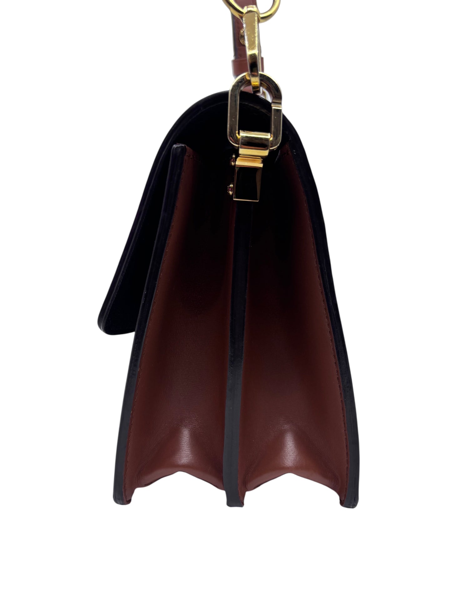 Side view of a Posh Purse Co. Louis Vuitton Dauphine MM handbag showing brown leather gussets and gold hardware.