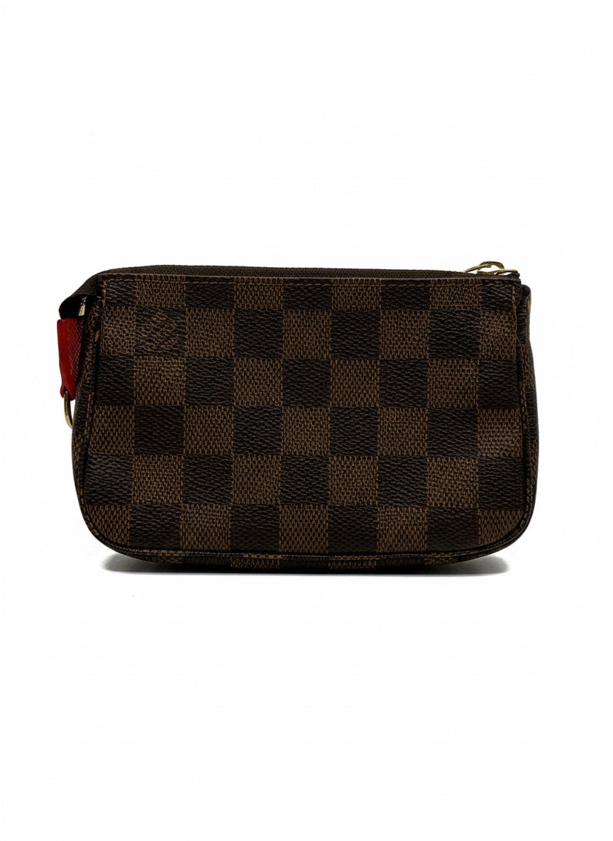 Posh Purse Co Louis Vuitton Ebene Damier canvas mini pochette with gold hardware and red side detail