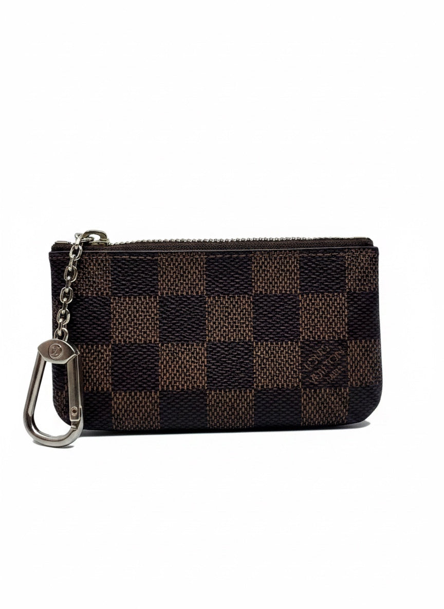 Posh Purse Co Louis Vuitton Damier Ebene key pouch in brown checkerboard canvas with gold-tone hardware and chain