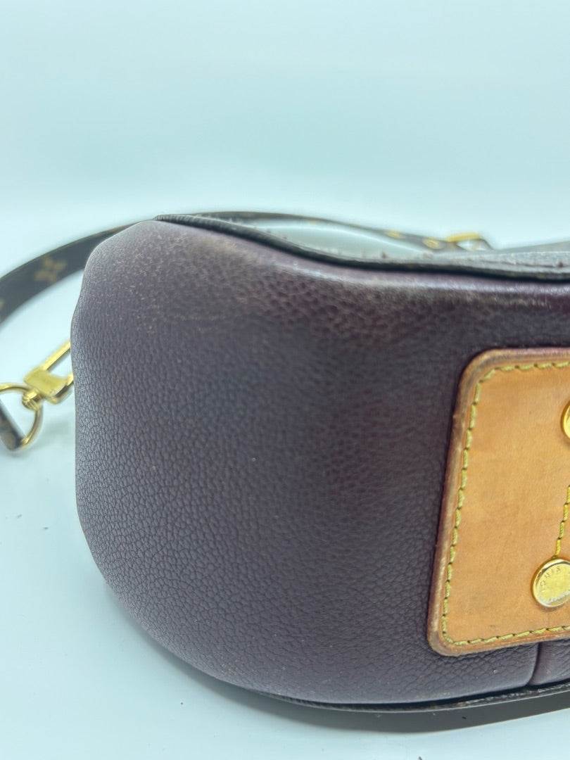 Posh Purse Co. Louis Vuitton Eden MM bag detail showing brown leather side panel, trim, and gold-tone hardware.