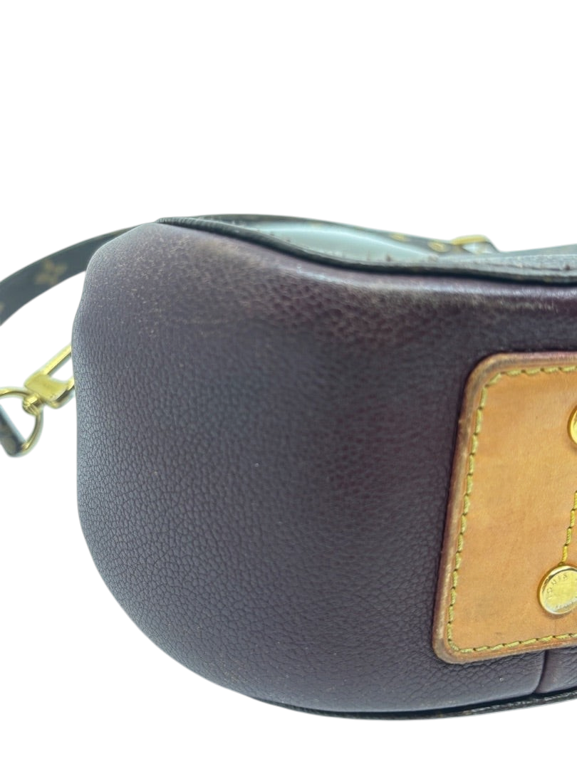 Posh Purse Co. Louis Vuitton Eden MM bag detail showing brown leather side panel, trim, and gold-tone hardware.