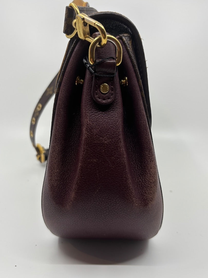 Side profile of Posh Purse Co. Louis Vuitton Eden MM bag in brown monogram canvas with dark leather and gold hardware