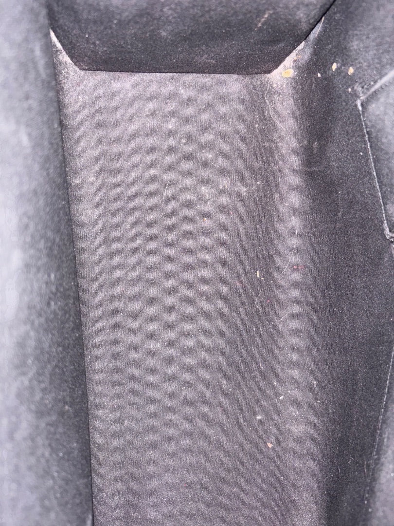 Posh Purse Co. Louis Vuitton Epi Madeleine bag interior lining with dust and debris. Black fabric with visible specks.